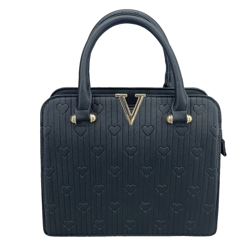 Crossi Black Purse Handbag Crossbody Embossed Hearts Gold‎ V Logo Vegan Leather